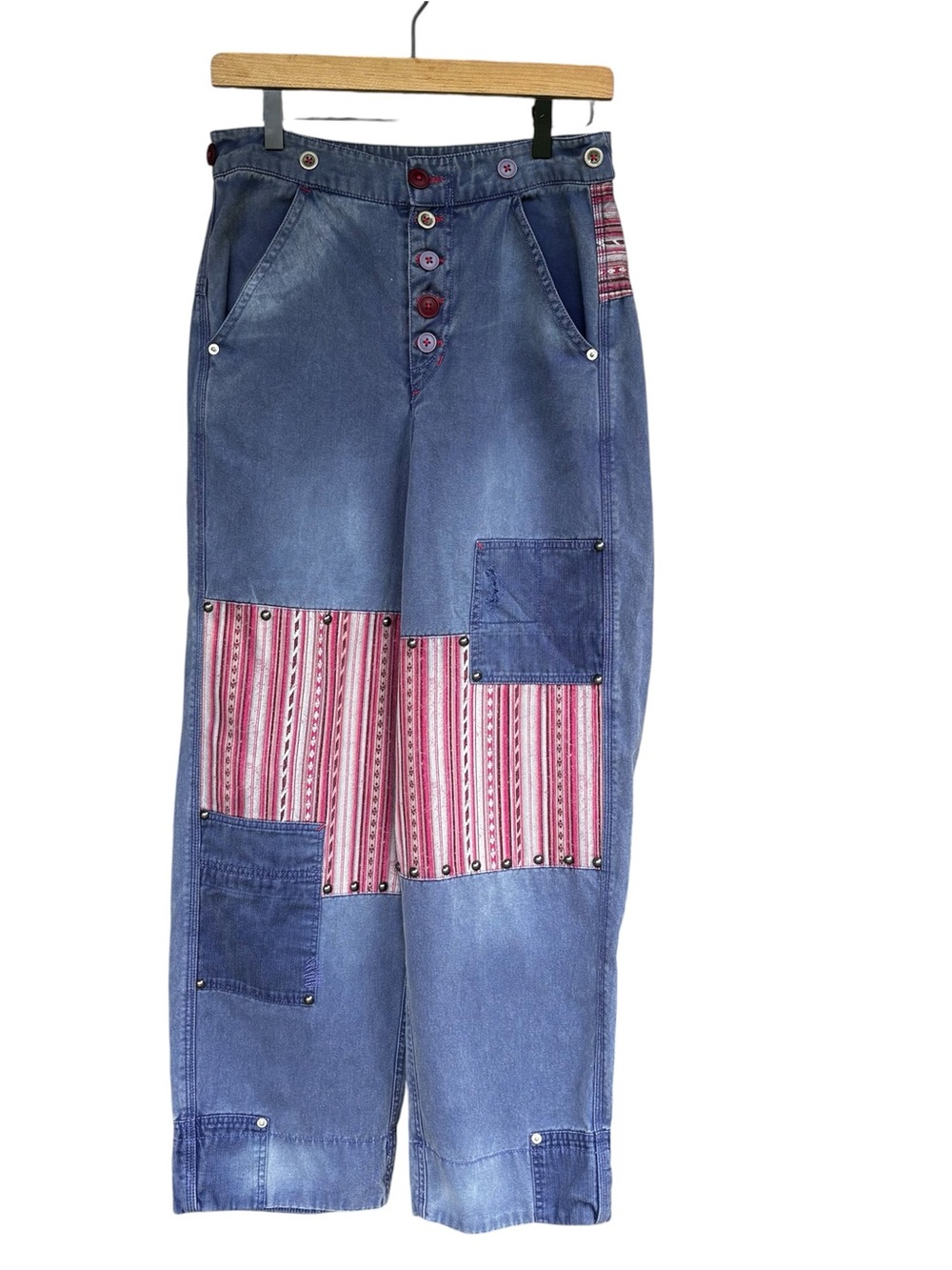 Free People La Vie Patched Jeans Womens 4  Patchwork Studded Boho Denim Art